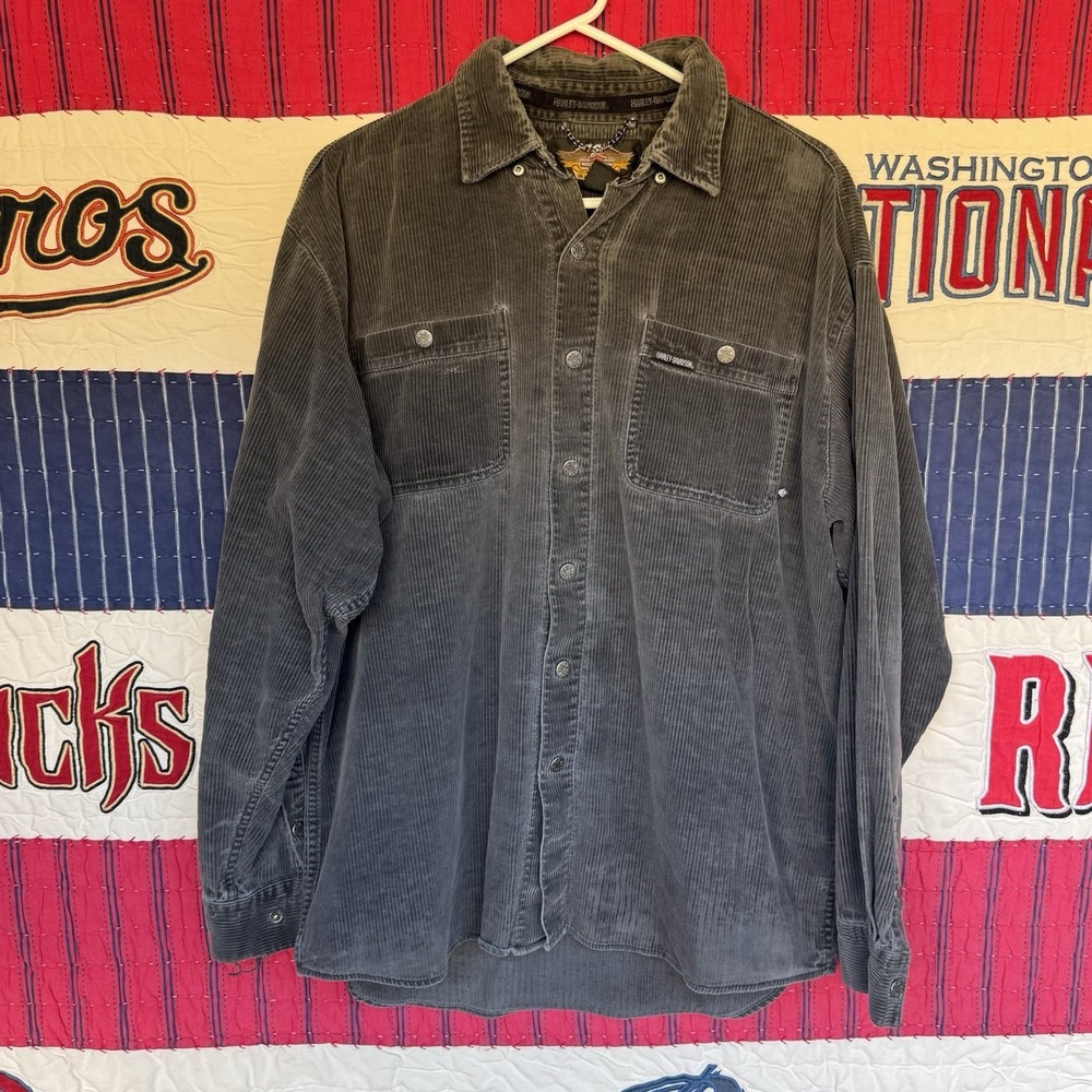 Size L - Harley Davidson Mens Corduroy Shirt Gray